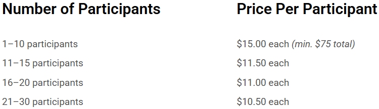 Pricing for school tours showing breakdown as group size increases.