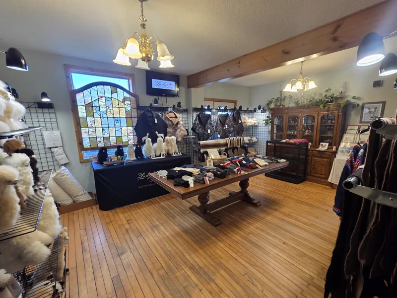 The Laslyn Alpaca shop in the farm house, with knitted goods laid out on a table